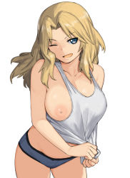 1girl alternate_costume blonde_hair blue_eyes breasts girls_und_panzer grey_tank_top groin hair_intakes highres inverted_nipples kay_(girls_und_panzer) large_breasts leaning_forward long_hair looking_at_viewer nipple_slip nipples no_pants one_breast_out one_eye_closed onsen_tamago_(hs_egg) self_exposure short_shorts shorts smile solo tank_top rating:Questionable score:274 user:danbooru