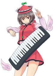  1girl brown_eyes brown_hair commentary frilled_hat frills hat hat_ornament highres instrument kakone keyboard_(instrument) long_sleeves looking_at_viewer lunasa_prismriver parted_lips red_shirt shirt short_hair simple_background solo star_(symbol) star_hat_ornament touhou white_background wings 