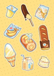  bag baguette banana banana_slice border bread cake chocolate_banana commentary cookie drinking_straw english_commentary food food_focus food_wrapper fruit ice_cream ice_cream_cone ice_cream_sandwich milk_carton no_humans original plastic_bag polka_dot polka_dot_background popsicle_stick pudding simple_background sixiao_tang swiss_roll whipped_cream white_border yellow_background yellow_theme 