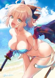  1girl ahoge ass beach bikini black_ribbon blonde_hair blue_bikini breasts butt_crack cleavage collarbone covered_erect_nipples dimples_of_venus fate/grand_order fate_(series) hair_ribbon holding holding_sword holding_weapon large_breasts looking_at_viewer nichiru okita_souji_(fate) open_mouth ribbon short_hair signature skindentation smile solo strapless strapless_bikini swimsuit sword thighs weapon yellow_eyes 