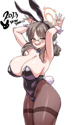  1girl absurdres animal_ears arms_up black_leotard blue_archive bow bowtie breasts brown_hair cleanerjay covered_navel drooling fake_animal_ears fake_tail glasses halo highres huge_breasts leotard long_hair looking_at_viewer low_twintails moe_(blue_archive) mouth_drool new_year open_mouth pantyhose playboy_bunny rabbit_ears rabbit_pose rabbit_tail simple_background solo stomach_bulge strapless strapless_leotard tail twintails white_background wrist_cuffs yellow_eyes 