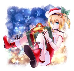 10s 1girl bad_id bad_pixiv_id black_neckwear blonde_hair blue_background blue_eyes boots bow box character_hair_ornament choker christmas edna_(tales) full_body gift gift_box green_bow hair_bow hair_ornament hair_ribbon hairband hat kururi_(oekaki_nikki) light_particles looking_at_viewer normin_(tales) red_footwear red_hat red_skirt ribbon santa_hat short_hair side_ponytail skirt snowflakes solo strap_slip tales_of_(series) tales_of_zestiria tress_ribbon wrist_cuffs yellow_background rating:Sensitive score:2 user:danbooru