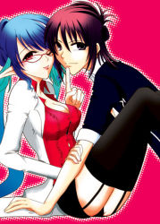  00s 1boy 1girl alternate_costume bad_id bespectacled black_skirt black_thighhighs blue_hair breasts cleavage garter_straps glasses grey_eyes halftone index_finger_raised judith_(tales) large_breasts long_hair long_pointy_ears looking_at_viewer medium_breasts miniskirt one_eye_closed outline pointy_ears purple_hair red-framed_eyewear red_background red_eyes red_shirt shirt simple_background sitting skirt tales_of_(series) tales_of_vesperia taut_clothes taut_shirt teacher teacher_and_student thighhighs urara7 very_long_hair wink yuri_lowell 