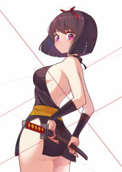  1girl absurdres ass backless_dress backless_outfit black_dress black_hair blush bracer breasts bridal_gauntlets commentary_request cowboy_shot dress from_behind hairband halter_dress halterneck highres holding holding_sword holding_weapon inuyasha itou_kazuki looking_at_viewer looking_back purple_eyes red_hairband red_nails sakasagami_no_yura sash sheath sheathed short_hair signature sleeveless solo string sword weapon white_background yellow_sash 