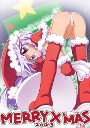  1girl 2023 :d ass bent_over boots cameltoe capelet christmas fur-trimmed_boots fur-trimmed_capelet fur-trimmed_headwear fur_trim gloves hat highres holding holding_sack ikkyuu loli long_hair looking_at_viewer maebari merry_christmas naked_capelet open_mouth original purple_eyes red_capelet red_footwear red_gloves red_headwear sack santa_hat smile solo thigh_boots 