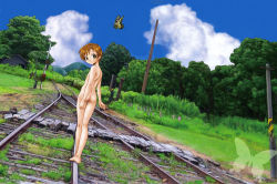 1girl ass back barefoot blue_sky brown_hair bug butterfly cloud completely_nude crossed_legs day dutch_angle exhibitionism feet female_focus flat_chest from_behind full_body grass green_eyes head_tilt highres house insect kneepits landscape legs loli long_legs looking_at_viewer looking_back mountain nature nipples nude nudist original outdoors overgrown public_indecency railroad_signal railroad_tracks short_hair silhouette skinny sky smile solo standing swept_bangs thigh_gap toes tree unno_hotaru zenra rating:Explicit score:104 user:danbooru