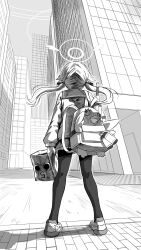  1girl absurdres assault_rifle backpack bag bindonkan blue_archive building bullpup city commentary from_behind full_body greyscale gun halo hifumi_(blue_archive) highres holding holding_bag l85 long_hair long_sleeves low_twintails monochrome outdoors pantyhose peroro_(blue_archive) rifle sailor_collar school_uniform skirt skyscraper solo standing twintails weapon weapon_behind_back 