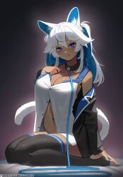  1girl :q animal_ears artist_name black_collar black_thighhighs blue_eyes blue_hair breasts cat_ears cat_girl cat_tail collar colored_inner_hair commentary commission dark-skinned_female dark_skin english_commentary full_body hair_between_eyes hand_on_own_chest hand_on_own_foot highres large_breasts leash light_blush long_hair long_sleeves looking_at_viewer multicolored_hair navel no_shoes off_shoulder original partially_unbuttoned single_bare_shoulder sitting sleeveless smile solo stirrup_legwear tail thighhighs toeless_legwear tongue tongue_out tostantan twintails two-tone_hair white_hair  rating:Sensitive score:35 user:danbooru