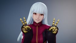  1girl 3d absurdres alternate_hair_color chrissy-tee double_v gauntlets grey_background head_tilt highres hime_cut jacket kula_diamond leather leather_jacket long_sleeves looking_at_viewer realistic red_eyes sleeves_past_wrists smile snk solo standing teeth the_king_of_fighters upper_body v white_hair zipper  rating:Sensitive score:19 user:danbooru