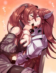  2girls absurdres armor belt breasts chair commission cordelia_(fire_emblem) fire_emblem fire_emblem_awakening gloves groping highres incest kiss long_hair looking_at_another mother_and_daughter multiple_girls nintendo partially_undressed red_eyes red_hair saliva severa_(fire_emblem) shoulder_armor simple_background sitting skeb_commission tukiwani wing_hair_ornament yuri 