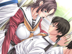 00s 1boy 1girl against_wall aqua_eyes arm_support averting_eyes black_eyes black_hair blazer blush breast_on_chest breast_press breasts brother_and_sister brown_hair buttons cleavage_(game) dutch_angle embarrassed empress_(studio) fingernails game_cg green_eyes grey_hair hair_ribbon hetero huge_breasts incest inseki11 jacket large_breasts lips long_fingernails long_hair motion_blur necktie one_eye_closed open_clothes open_shirt parted_bangs pen pleated_skirt profile ribbon school_uniform sei_shoujo serafuku shirt short_hair siblings sidelocks skirt standing stepbrother_and_stepsister stepsiblings toudou_erika toudou_yuuto train train_interior very_long_hair wallpaper wince window wink rating:Sensitive score:53 user:danbooru