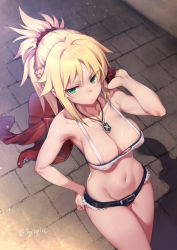  1girl alternate_breast_size armpits artist_name blonde_hair braid breasts cleavage closed_mouth cowboy_shot cutoffs denim denim_shorts dutch_angle fate/apocrypha fate/grand_order fate_(series) french_braid green_eyes hair_ornament hand_on_own_hip highres jacket jacket_over_shoulder unworn_jacket jewelry medium_breasts micro_shorts midriff mordred_(fate) mordred_(fate/apocrypha) mordred_(memories_at_trifas)_(fate) navel necklace ponytail revealing_clothes scrunchie short_shorts shorts solo strapless try_(lsc) tube_top twitter_username  rating:Sensitive score:177 user:danbooru