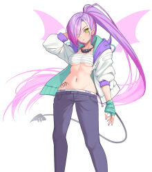  1girl alternate_costume alternate_hairstyle barbell_piercing bibi_(tokoyami_towa) blush breasts chest_sarashi demon_tail ear_piercing gradient_hair green_eyes hair_ornament hairclip highres hip_tattoo hololive hood hooded_jacket industrial_piercing jacket long_hair looking_at_viewer multicolored_hair multicolored_nails nail_polish navel navel_piercing pants piercing pink_hair ponytail purple_hair sarashi solo stomach streaked_hair tail tail_ornament tail_piercing tokoyami_towa virtual_youtuber white_background white_hair z.m._(zimin) 