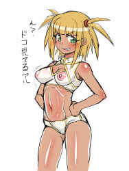  1girl absurdres blonde_hair blush breasts cleavage cleavage_cutout clothing_cutout commentary_request dark_skin dark-skinned_female green_eyes grin hands_on_own_hips highres kageusu_gokuto kufei mahou_sensei_negima! navel nipples scrunchie see-through short_shorts shorts small_breasts smile solo stomach translation_request two_side_up 