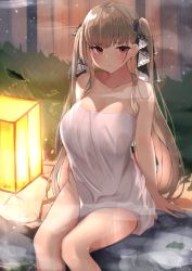  1girl azur_lane bare_shoulders bathing blush breasts cleavage closed_mouth collarbone formidable_(azur_lane) grey_hair highres lantern large_breasts long_hair looking_at_viewer naked_towel nephthys2356 onsen pout puffy_cheeks red_eyes ribbon rock sitting soaking_feet steam thighs towel twintails two-tone_ribbon very_long_hair water wet white_towel  rating:Sensitive score:39 user:danbooru