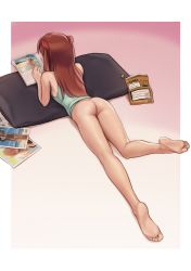 1girl ass bare_arms bare_shoulders barefoot border bottomless brown_hair butt_crack chips_(food) dutch_angle feet female_focus food from_above from_behind full_body gradient_background highres i0525 interface_headset long_hair lying magazine_(object) naked_shirt neon_genesis_evangelion no_panties on_floor on_stomach outside_border pillow pink_background reading red_background shirt simple_background sleeveless snack snack_bag soles solo souryuu_asuka_langley tank_top toes two-tone_background two_side_up white_border rating:Questionable score:543 user:ssfl