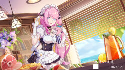  1girl absurdres apron beach black_choker black_dress blue_eyes boned_meat bottle breasts choker cleavage clothing_cutout cloud cloudy_sky cup dated dress drinking_glass elbow_gloves elf elysia_(honkai_impact) elysia_(miss_pink_elf)_(honkai_impact) fake_horns flower food french_fries fruit gloves hair_between_eyes highres holding holding_cup honkai_(series) honkai_impact_3rd horns juice lamp lemon lemon_slice long_hair looking_at_viewer maid maid_apron maid_headdress meat omelet omurice open_mouth orange_juice pink_hair pink_pupils pointy_ears puffy_short_sleeves puffy_sleeves sandwich shelf short_sleeves side_cutout siji_de_xianhua sky triquetra water white_gloves window wine_bottle wine_glass 