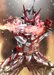 1boy absurdres armor belt driver_(kamen_rider) elbow_spikes fake_horns fighting_stance flaming_sword flaming_weapon gauntlets helmet highres holding holding_sword holding_weapon horned_helmet horns kaenken_rekka kamen_rider kamen_rider_saber kamen_rider_saber_(series) kamen_rider_saber_draconic_knight knight kuzurx male_focus red_eyes seiken_swordriver shoulder_armor shoulder_spikes single_horn solo spiked_armor spiked_gauntlets spiked_helmet spikes standing sword tokusatsu visor_(armor) weapon white_armor