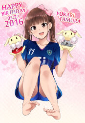  1girl :d barefoot bow brown_eyes brown_hair commentary_request dated duplicate english_text feet hair_bow happy_birthday heart highres holding jersey kaiga looking_at_viewer nail_polish open_mouth photoshop_(medium) pixel-perfect_duplicate real_life shorts sitting smile soles solo tamura_yukari toenail_polish toenails toes twintails 