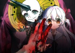  2girls blood blood_on_hands brown_eyes closed_mouth colored_skin commentary_request empty_eyes expressionless grey_eyes hair_between_eyes highres horns long_hair looking_at_viewer magia_record:_mahou_shoujo_madoka_magica_gaiden magical_girl mahou_shoujo_madoka_magica momoe_nagisa multiple_girls pov pov_hands single_horn stitched_mouth stitches taigaai4649 two_side_up white_hair white_skin yumeno_yusa 