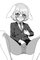  1girl animal_ears blazer blush bright_pupils collared_shirt feet_out_of_frame greyscale jacket looking_at_viewer m_legs monochrome necktie onkn_sxkn open_mouth panties rabbit_ears rabbit_girl reisen_(touhou_bougetsushou) shirt short_hair simple_background solo spread_legs striped_clothes striped_panties touhou underwear 