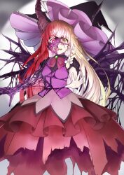  1girl alternate_costume black_sclera blonde_hair bow bowtie braid colored_sclera colored_skin corruption crying crying_with_eyes_open green_brooch hair_bow hat heterochromia highres horns kirisame_marisa mismatched_sclera nodoguro_(phi-tan) open_mouth purple_vest reaching red_bow red_bowtie red_eyes ringed_eyes short_sleeves side_braid single_braid skirt solo tears torn_clothes torn_skirt touhou vest white_bow witch_hat yellow_eyes 
