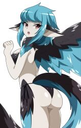  1girl absurdres abysswatchers ass ass_focus bikini bikini_bottom_only black_bikini black_feathers blue_feathers blue_hair breasts brown_eyes chimera_girl colored_skin commission eyebrows eyelashes feathered_wings feathers female_focus from_behind hands_up highres large_breasts loli long_ears looking_at_viewer looking_back low_wings medium_hair open_mouth oppai_loli original simple_background solo surprised swimsuit tail teeth upper_teeth_only white_background white_skin wings 