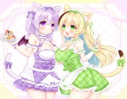  2girls animal_ear_fluff animal_ears apron bare_shoulders blonde_hair blue_hair bow breasts cat_ears cat_girl cat_tail choker cleavage commentary_request dress fork frilled_apron frilled_choker frills green_choker green_dress green_eyes green_ribbon hair_between_eyes hair_bow hair_ornament hair_ribbon hairclip heart heart_background highres holding holding_fork holding_plate large_breasts maid maid_headdress mini_wings multicolored_hair multiple_girls one_side_up original pixelated plaid plaid_dress plate pleated_dress purple_bow purple_choker purple_dress purple_eyes purple_hair purple_wings ribbon shikito_(yawa0w0) tail tail_bow tail_ornament two-tone_hair white_apron white_background wings 