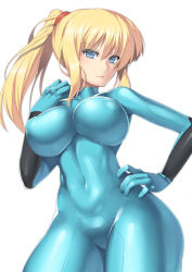 1girl blonde_hair blue_eyes bodysuit breasts covered_erect_nipples covered_navel hand_on_own_hip large_breasts long_hair metroid nagase_haruhito nintendo ponytail samus_aran simple_background skin_tight solo white_background wide_hips zero_suit rating:Questionable score:222 user:danbooru