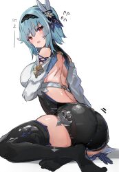  1girl arm_across_chest ass backless_outfit bare_back bare_shoulders black_hairband black_thighhighs blue_gloves blue_hair clothing_cutout eula_(genshin_impact) flying_sweatdrops from_behind genshin_impact gloves hair_between_eyes hair_ornament hairband high-waist_shorts highres long_sleeves looking_at_viewer looking_back median_furrow medium_hair open_mouth puffy_long_sleeves puffy_sleeves red_eyes shorts shoulder_cutout sidelocks simple_background sitting skindentation solo the_olphy thighhighs thighs war wariza white_background white_sleeves  rating:Sensitive score:26 user:danbooru
