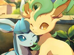  blonde_hair blue_eyes blue_hair bright_pupils brown_eyes closed_mouth creatures_(company) game_freak gen_4_pokemon glaceon ktyon3 leaf leafeon nintendo one_eye_closed open_mouth pokemon pokemon_(creature) smile white_pupils 