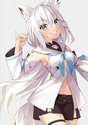  1girl ahoge animal_ear_fluff animal_ears arm_up armpits black_shorts blue_neckerchief blush braid breasts commentary_request detached_sleeves earrings fox_ears fox_girl fox_shadow_puppet fox_tail green_eyes grey_background grin hair_between_eyes highres hololive hood hoodie jewelry key long_hair looking_at_viewer midriff navel neckerchief shirakami_fubuki shirakami_fubuki_(1st_costume) short_shorts shorts sidelocks simple_background single_braid small_breasts smile smug solo tail thigh_strap virtual_youtuber white_hair white_hoodie win_opz 