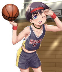 1boy balancing_ball ball basketball_(object) basketball_hoop basketball_jersey basketball_uniform black_hair blue_eyes collarbone headband highres jewelry male_focus necklace one_eye_closed open_mouth original pectoral_cleavage pectorals railing red_headband red_wristband short_hair shorts shota solo sportswear sweat takase_yuu tank_top toned toned_male wristband 