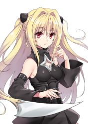 :o arm_belt bare_shoulders belt black_dress blade blonde_hair breasts buckle cleavage_cutout clothing_cutout cowboy_shot detached_sleeves dress eyebrows fuya_(tempupupu) hair_intakes hairpods konjiki_no_yami long_hair long_sleeves looking_at_viewer open_mouth red_eyes shoulder_cutout sidelocks simple_background sleeveless sleeveless_dress small_breasts solo star_cutout tareme to_love-ru tsurime turtleneck twintails two_side_up upper_body very_long_hair weapon white_background rating:Sensitive score:16 user:danbooru