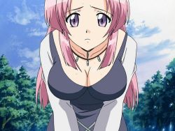  1girl breasts cleavage cloud female_focus jewelry large_breasts leaning_forward long_hair looking_at_viewer necklace ooeyama_inori pink_hair purple_eyes screencap solo stitched teacher third-party_edit tsuyokiss 