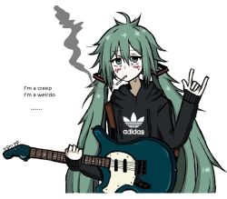  1girl \m/ adidas aqua_eyes aqua_hair black_hoodie blush_stickers cigarette commentary electric_guitar english_commentary english_text expressionless guitar hair_between_eyes hatsune_miku holding holding_instrument hood hood_down hoodie instrument long_hair long_sleeves looking_at_viewer messy_hair microsoft_paint_(medium) mouth_hold peqermint simple_background smoke smoking solo sweat twintails upper_body very_long_hair vocaloid white_background 
