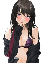  1girl black_hair black_jacket black_nails blush bra breasts cleavage collarbone commentary_request earrings floral_print jacket jewelry long_hair medium_breasts multicolored_clothes multicolored_jacket navel navel_piercing open_clothes open_jacket open_mouth original piercing purple_bra purple_eyes red_jacket solo straight_hair sweatdrop tipii two-tone_jacket underwear wavy_mouth 