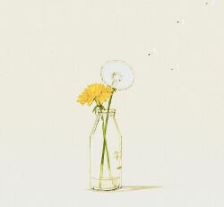  bottle dandelion dandelion_seed flower glass_bottle highres milk_bottle mitsubachi_(roundbee) no_humans original shadow simple_background still_life white_background yellow_flower 