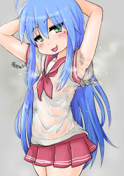 1girl armpit_hair armpits blue_hair blush breasts flat_chest highres izumi_konata loli lucky_star small_breasts smell solo sweat  rating:Questionable score:56 user:mp1