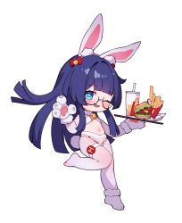  1girl ;d animal_ear_fluff animal_ears animal_hands bare_shoulders bell black-framed_eyewear blue_eyes blue_hair blush burger chibi cup disposable_cup drinking_straw fake_animal_ears food french_fries full_body fur-trimmed_gloves fur_trim glasses gloves heart heart-shaped_pupils highres holding holding_tray honkai:_star_rail honkai_(series) jingle_bell long_hair navel neck_bell one_eye_closed open_mouth pantyhose paw_gloves pela_(honkai:_star_rail) rabbit_ears rabbit_tail revealing_clothes round_eyewear semi-rimless_eyewear simple_background smile solo standing standing_on_one_leg symbol-shaped_pupils tail tray tsubasa_tsubasa under-rim_eyewear very_long_hair white_background white_gloves white_pantyhose 