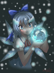 2girls animal_ears blue_dress blue_eyes blue_hair bow cat_ears cat_tail chen cirno clenched_teeth dark dress frozen grin hair_bow hair_ornament ice ice_wings mini_person minigirl multiple_girls perfect_cherry_blossom puffy_short_sleeves puffy_sleeves ribbon short_hair short_sleeves signature size_difference smile snow sparkle tail teeth touhou wings  rating:Sensitive score:3 user:sakutarugirly
