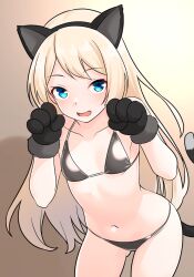  1girl animal_ears animal_hands bare_arms bare_legs bare_shoulders bikini black_bikini black_gloves blonde_hair blue_eyes blush cat_ears cat_paws cat_tail collarbone cowboy_shot fake_animal_ears furaggu_(frag_0416) gloves gluteal_fold highres jervis_(kancolle) kantai_collection long_hair looking_at_viewer navel open_mouth paw_gloves smile solo swimsuit tail 