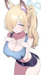  1girl absurdres animal_ear_fluff animal_ears black_shorts blonde_hair blue_archive blue_eyes blue_halo blue_tank_top blush breasts cleavage clenched_teeth collarbone cowboy_shot dolphin_shorts extra_ears fingernails hair_over_one_eye halo highres hiroikara_(smhong04) kanna_(blue_archive) large_breasts long_hair looking_at_viewer navel shorts simple_background solo tank_top teeth white_background  rating:Sensitive score:9 user:danbooru