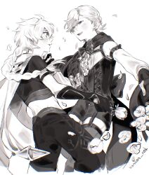  2boys aether_(genshin_impact) ahoge arm_armor artist_name back_bow blush bow bowtie braid cape commentary_request corset detached_sleeves flower frills garter_belt genshin_impact gloves greyscale hair_between_eyes hair_ornament highres holding holding_flower holding_hands konkon_nok leaf long_hair long_sleeves looking_at_another lyney_(genshin_impact) male_focus monochrome multiple_boys no_headwear open_mouth pants petals puffy_detached_sleeves puffy_long_sleeves puffy_sleeves rose scarf shirt short_hair short_sleeves shorts simple_background single_bare_shoulder smile striped_bow striped_bowtie striped_clothes teeth thighhighs tongue two-tone_gloves yaoi 