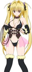  1girl bikini blonde_hair breasts brown_eyes collar dominatrix female_focus fingerless_gloves gloves hair_ornament highres konjiki_no_yami leather navel simple_background solo swimsuit thighhighs to_love-ru twintails whip white_background  rating:Questionable score:67 user:nullbeta2