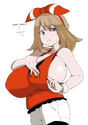 1girl adjusting_clothes bandana bare_shoulders blue_eyes blush breast_hold breasts brown_hair colorized creatures_(company) game_freak highres huge_breasts looking_at_viewer may_(pokemon) may_(pokemon_oras) maydrawfag nintendo no_bra pokemon pokemon_oras red_shirt shirt shorts sideboob sketch sleeveless sleeveless_shirt text_focus white_shorts rating:Questionable score:89 user:100241