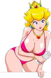  1girl arm_support arm_under_breasts bikini blonde_hair blue_eyes breasts cleavage covered_erect_nipples derivative_work glass highres large_breasts legs long_hair mario_(series) nintendo parted_lips pink_bikini pink_lips princess princess_peach smile solo swimsuit thick_thighs thighs 
