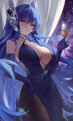  1girl alternate_costume black_pantyhose blue_dress blue_gloves blue_hair blush breasts cccc2445 champagne_flute cleavage closed_mouth commission cup dress drinking_glass elbow_gloves girls&#039;_frontline gloves headgear highres holding holding_cup large_breasts long_hair looking_at_viewer orange_eyes pantyhose pixiv_commission smile solo star_(symbol) starry_background tar-21_(girls&#039;_frontline) 