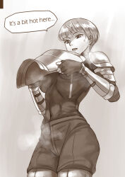  1girl armor breasts commentary covered_navel cowboy_shot d&#039;arce_(fear_&amp;_hunger) elleciel.eud english_text fear_&amp;_hunger fingerless_gloves gloves large_breasts looking_down parted_lips pauldrons removing_armor sepia short_hair shoulder_armor solo speech_bubble standing steaming_body sweat tight_clothes undershirt vambraces 
