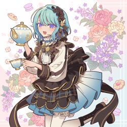  1girl :d bad_id bad_pixiv_id black_footwear blue_hair boots cookie cup dress ensemble_stars! floral_background flower food frilled_dress frills genderswap genderswap_(mtf) hands_up highres holding holding_cup holding_teapot long_sleeves looking_at_viewer macaron meremero open_mouth orange_flower pink_flower pink_rose purple_eyes purple_flower rose shino_hajime short_hair smile solo standing standing_on_one_leg sugar_cube teacup teapot white_flower 